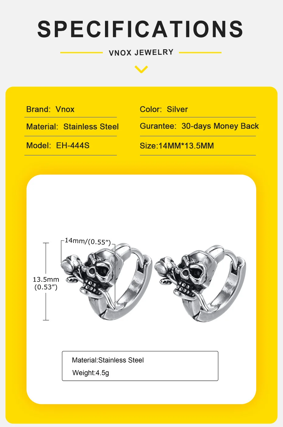 Vnox Gothic Totenkopf Skelett Huggie Creolen für Männer Jungen, Rock Punk Edelstahl Cocktail Party Halloween Geschenk Schmuck – Detail 4