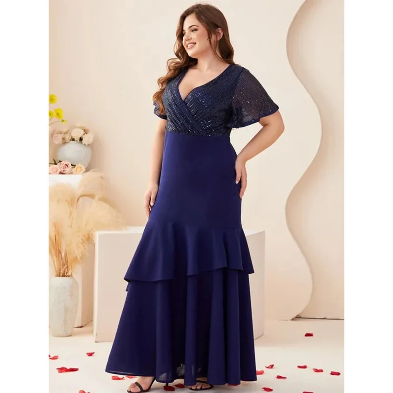 Plus Size Evening Dresses Fashion V-Neck Beaded Patchwork Ruffle Multi-Layered Dress Large Size Women Elegant Wedding Dresses