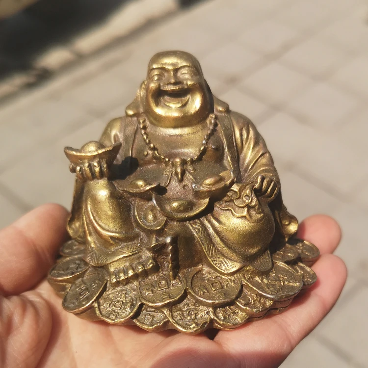 

Retro bronze Buddha sitting Maitreya smiling face Buddha antique brass patina holding ingot copper lucky.