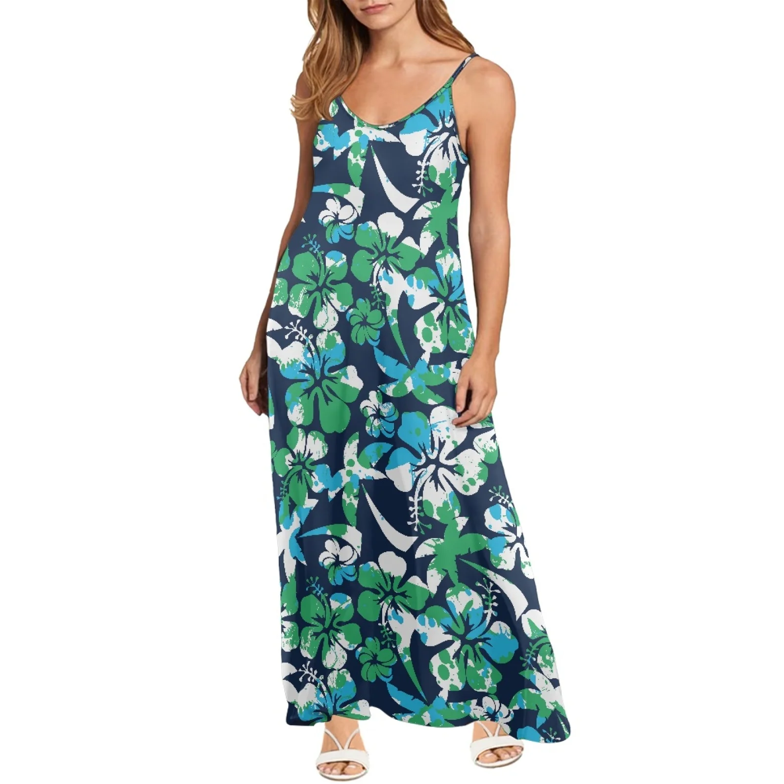 

Polynesian Tribal Tongan Totem Hibiscus Prints Elegant Sexy V-Neck Sleeveless Ladies Long Dress Casual Vacation Street Clubwear