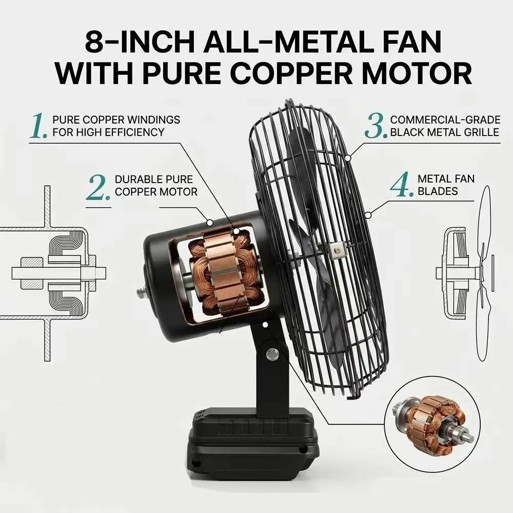 Camping Fan 8In Outdoor Fishing Wireless Desktop Portable Metal Fan Strong Wind Fan For Makita/Dewalt 18V Battery Pin 1