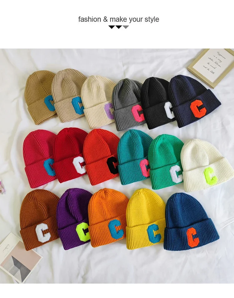 Knitted Hat Knitted Cap Knitted Beanie Winter Hat Fashion Beanies Simple Multi Color Big C Letter Winter Hat Women Winter Unisex Beanie Cap Outdoor Thick Warm Hip hop Sport Ski Knitted Hats