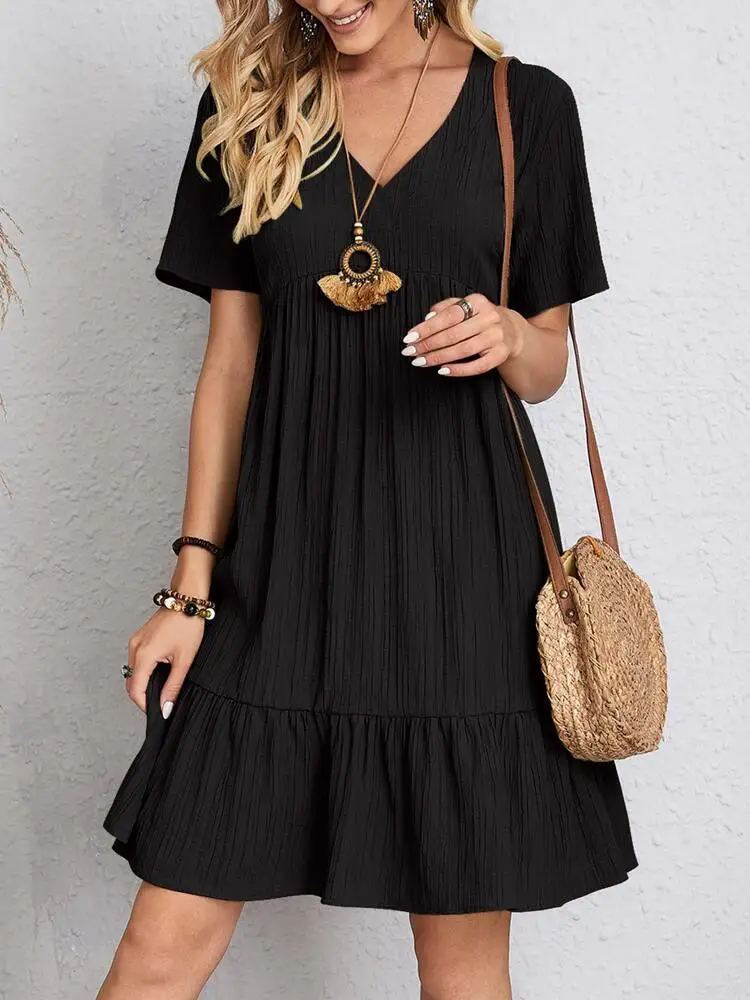 Elegant V Neck Ruffle Mini Dress - Womens Casual Summer Sundress