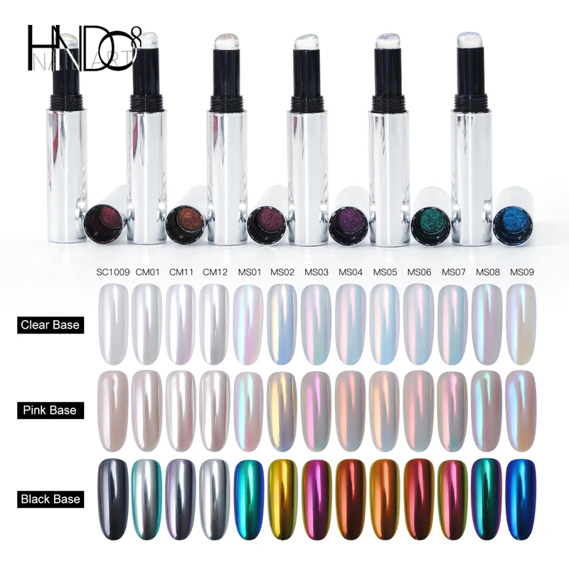 HNDO New Aurora Powder Air Cushion Magic Pen Silver Tube Mirror Chrome Effect for Nail Art Decoration Iridescent Pigment