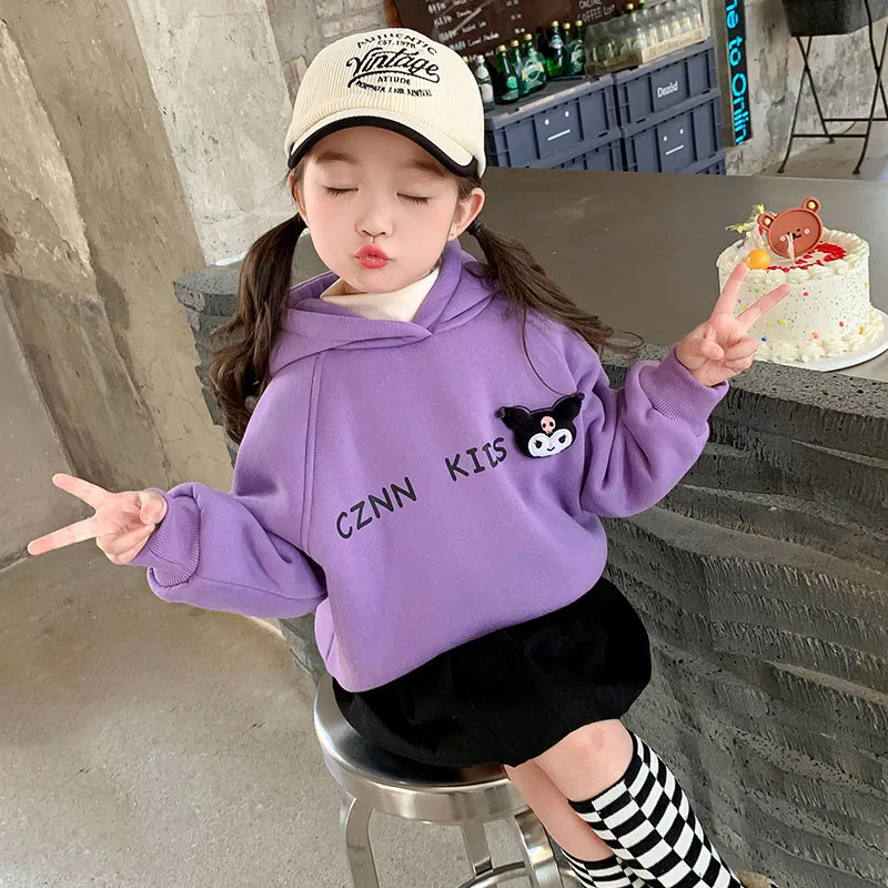 

New Kawaii Sanrio Hooded Sweatshirt Kuromi Anime Embroideries Thickened Cartoon Jacket Comfortable Warmth Cute Children Clothing