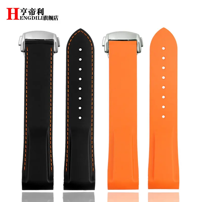 Silicone Strap with Quarter Orange Accent for Men's Watch - Curved Design, 20mm/22mm