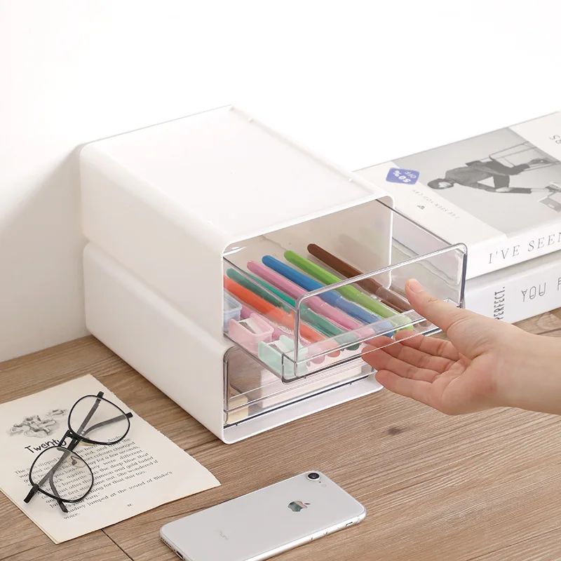 Organizzatore di cassetti impilabile Scatola portaoggetti da tavolo Armadietto portatile per ufficio e studio Cassetti trasparenti con design combinato - immagine 4