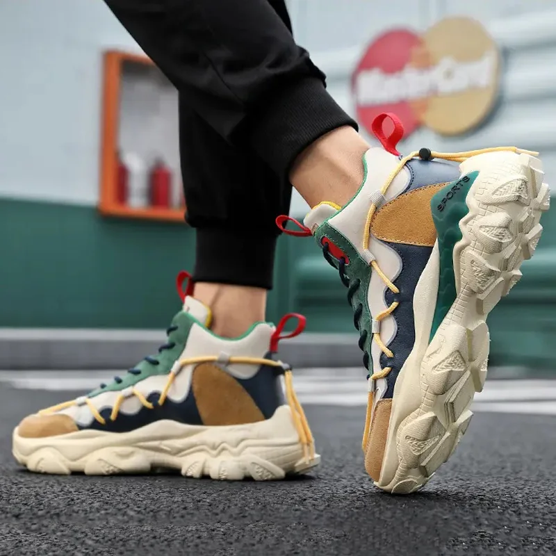 High-top New Trendy Fashion Men's Shoes Korean Style Versatile Casual Shoes Mixed Color Comfortable Cushioning Outdoor Sneakers