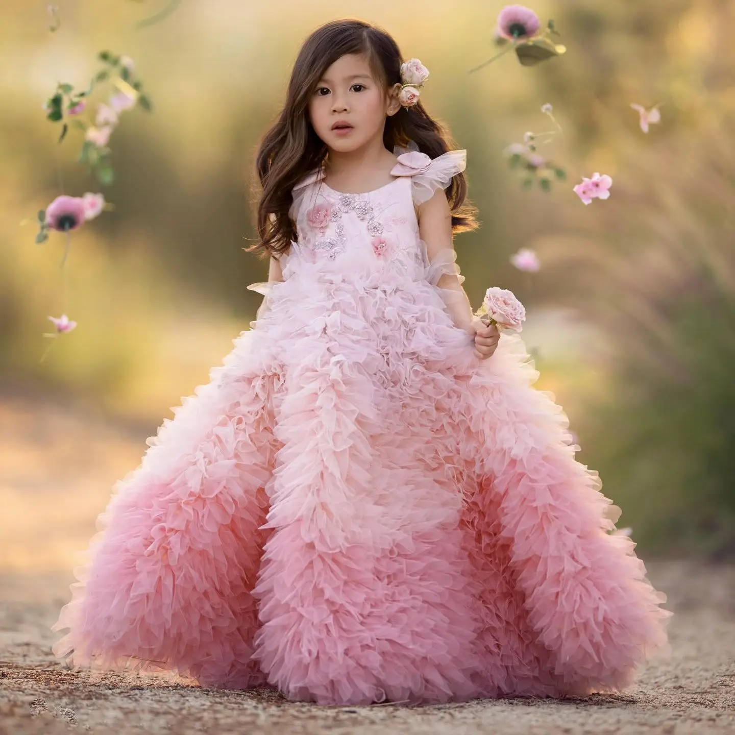 

Extra Puffy Pink Ball Gown Flower Girl Dresses Tiered Ruffles Kids Birthday Gowns Beads Children Wedding Party Guest Dress