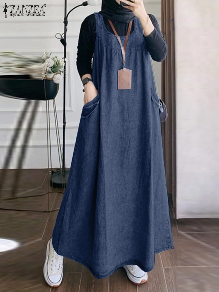 2024 ZANZEA Fashion Summer Sundress Sarafans Casual Women Sleeveless Muslim Abaya Vestido Denim Blue Loose Solid Overalls Dress - Image 3