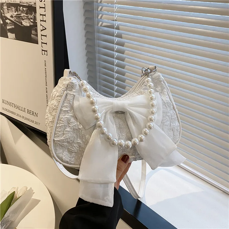 Elegant Pearl-Embellished Retro Designer Handbag with Bow - Luxury Canvas Crossbody Shoulder Bag