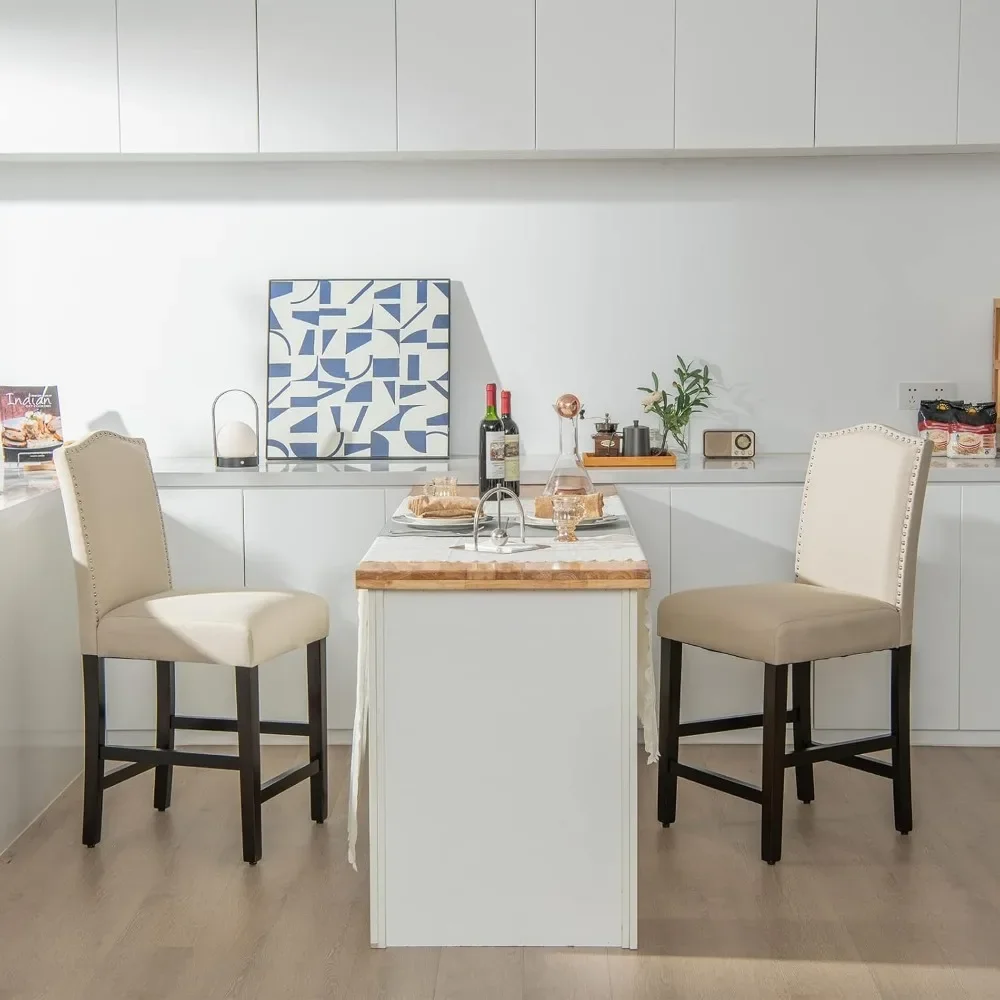 Bar Stools, Linen Upholstered Counter Height Chairs with Solid Rubber Wood Legs, 25&rdquo; Kitchen Island Wood Bar Chairs