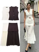 HH Women Elegant Solid Knitted Vests Skirts Suits V Neck Waistcoat Patchwork Midi Skirt Summer Casual Female 2 Piece Sets 1