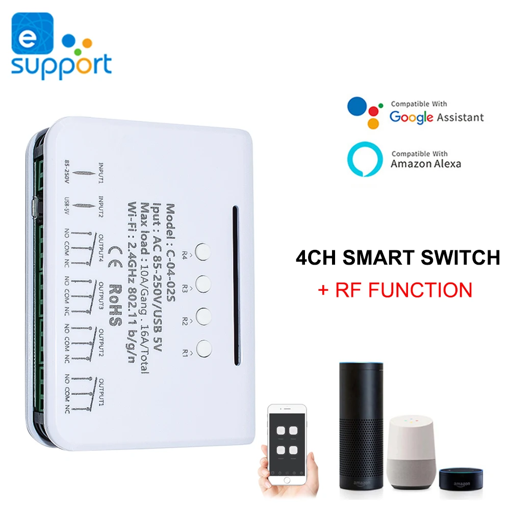 

4CH умный выключатель Wi-Fi EWELINK App дистанционное управление 4 релейная плата выключатель света ler таймер RF 433 приемник работает с Alexa