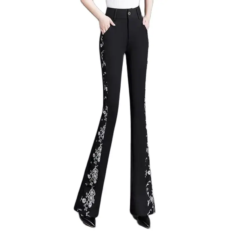 

Fashion Black Women's Flared Pants Summer New High Waist Slim Fit Embroidered Splicing Elegant Temperament Female Suit Trousers