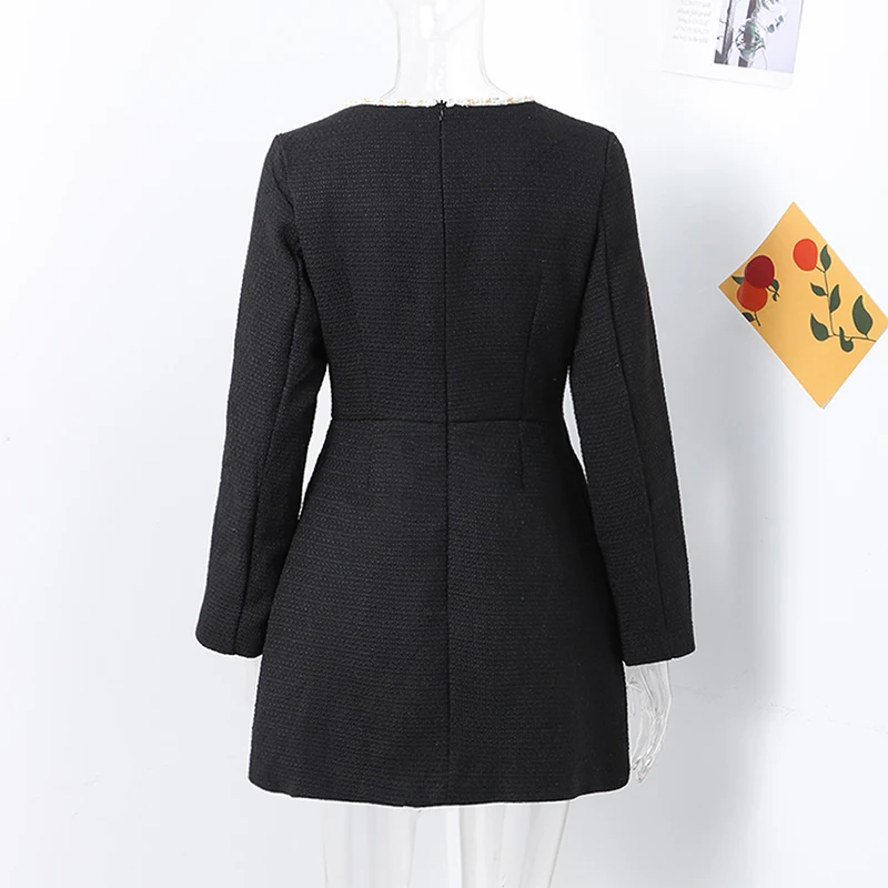 Elegant Tweed Short Party Dress Women Long Sleeve Square Collar Fake Pocket Evening Dresses Autumn Shiny Slim A-line Robes