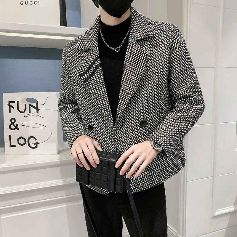 

2022 Winter Men's Short Woolen Jackets Fashion Houndstooth Casual Business Trench Coat Social Overcoat Streetwear Windbreaker