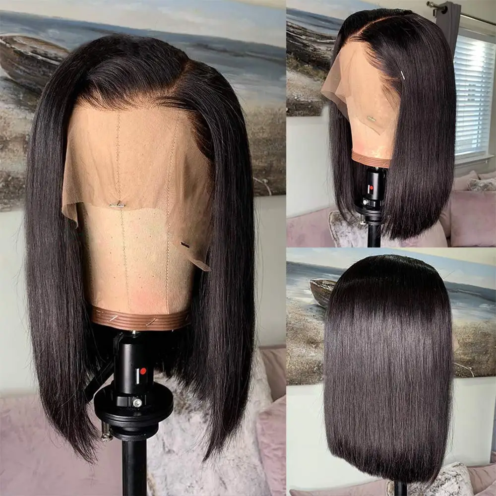 

180% Density Short Bob Soft Straight Natural Black Pre Plucked Lace Front Wigs For Women with Baby Hair Glueless Daily Cosplay
