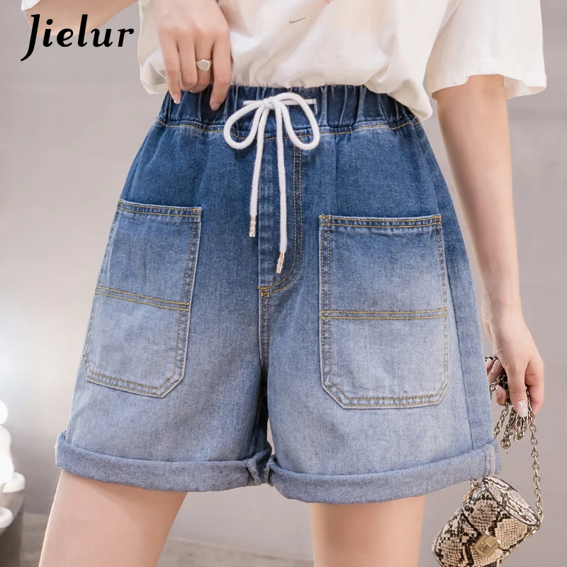 

Casual Denim Short Gradient Color Blue High Waist S-5XL Size Woman New Fashion Cuffs Jeans Washed Female Summer