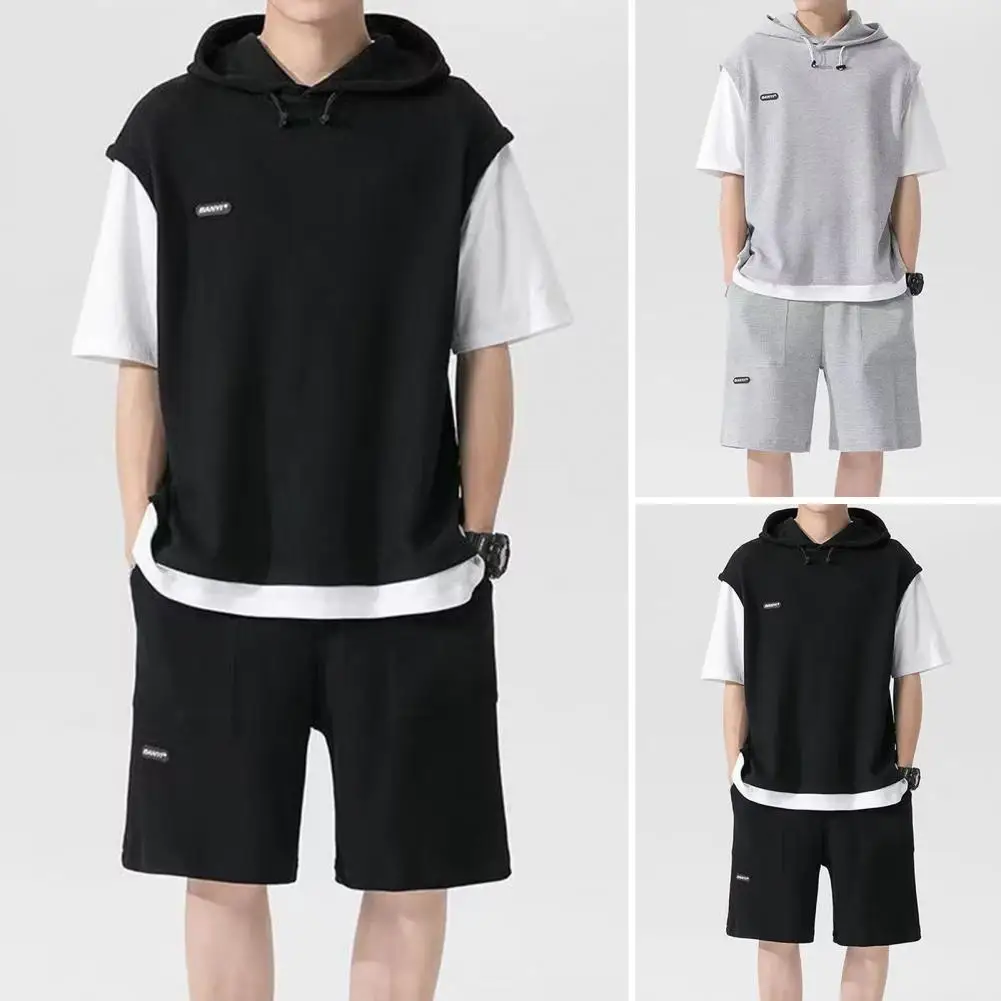 

Summer Men's Large Size Sports Suit Breathable Casual Wear Wild High Street Chic Fake Two-piece Casual T-shirt Simple Shorts