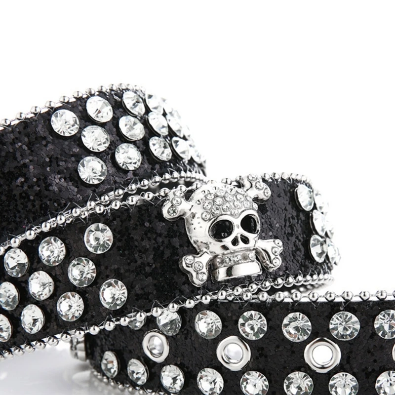 Cyberpunk Skull Head Buckle Belt for Dress Waist Belt Shinning Rhinestone Buckle Wide Waist Belt Ladies Coat Decors