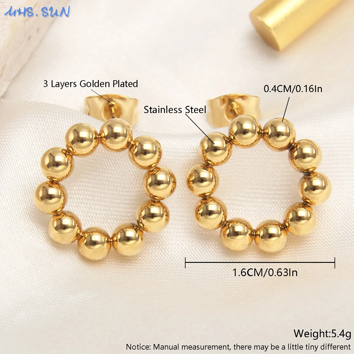 Edelstahl-Kugel-Design-Ohrstecker für Damen, vergoldete Perlen, rundes Kreuz, U-förmiger Ohrring, Ohrschmuck, Geschenke, wasserdicht – Detail 9