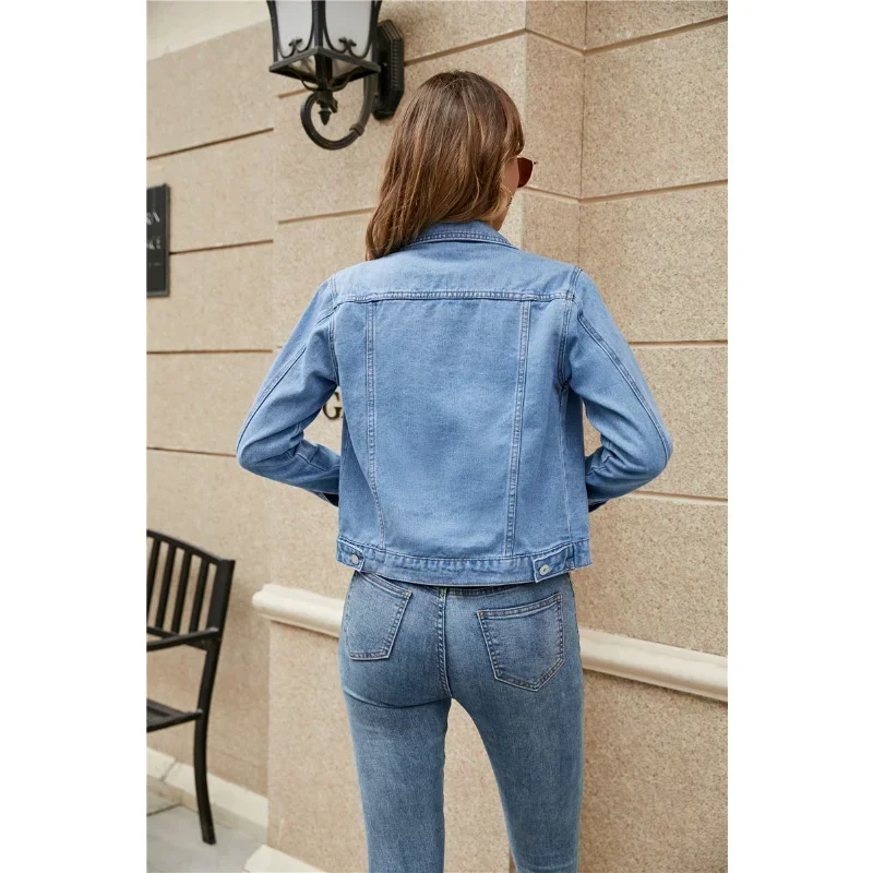 Women Jacket Denim Lapel Button Pocket Sleeve Fall Winter