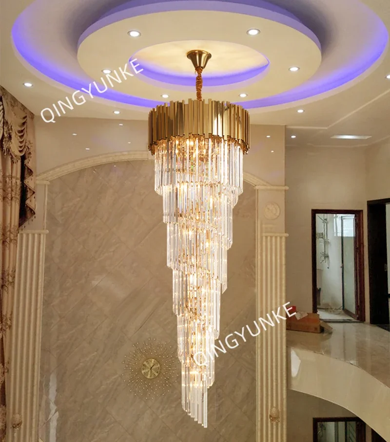 

Modern Crystal Chandelier Long Villa Hanging Light Fixture for Staicase Large Home Decor Gold Stainless Steel Led Pendant Lamp