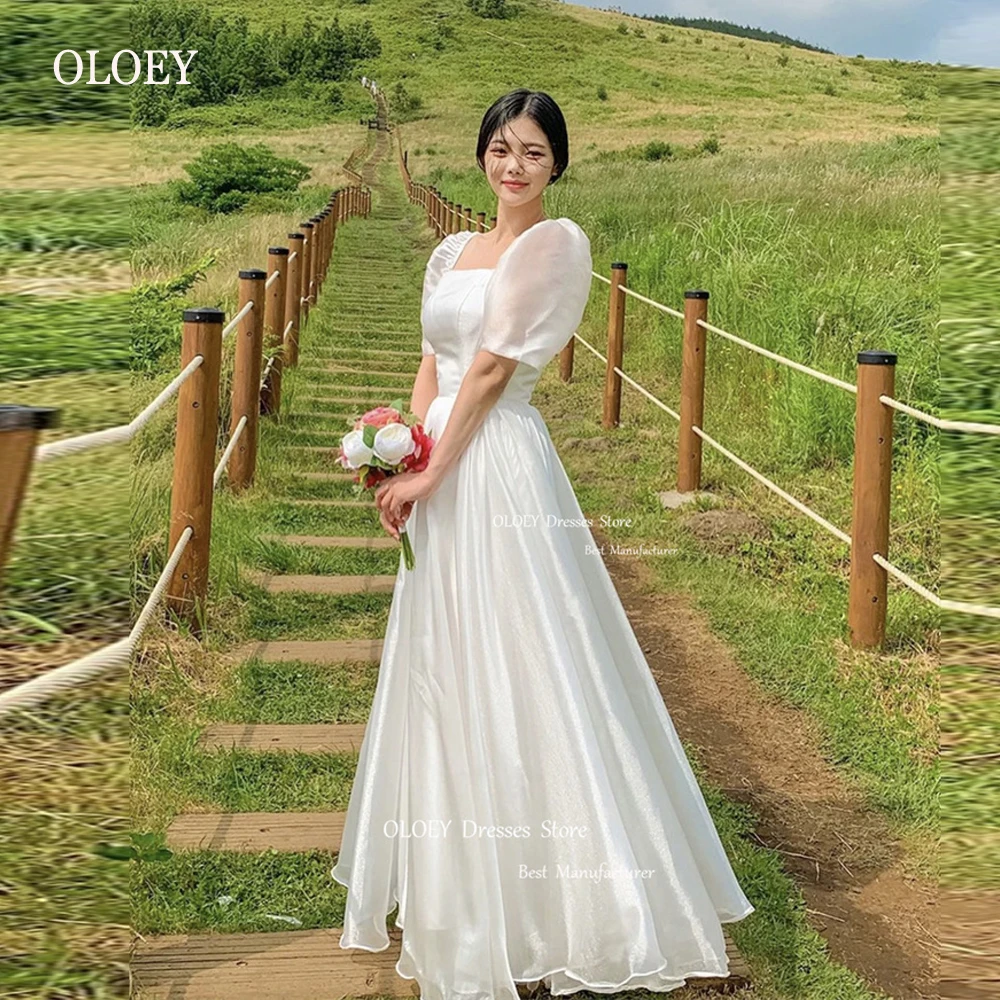 

OLOEY Simple White Silk Organza A Line Korea Wedding Dresses Photoshoot Puff Short Sleeves Bridal Gowns Formal Evening Dress