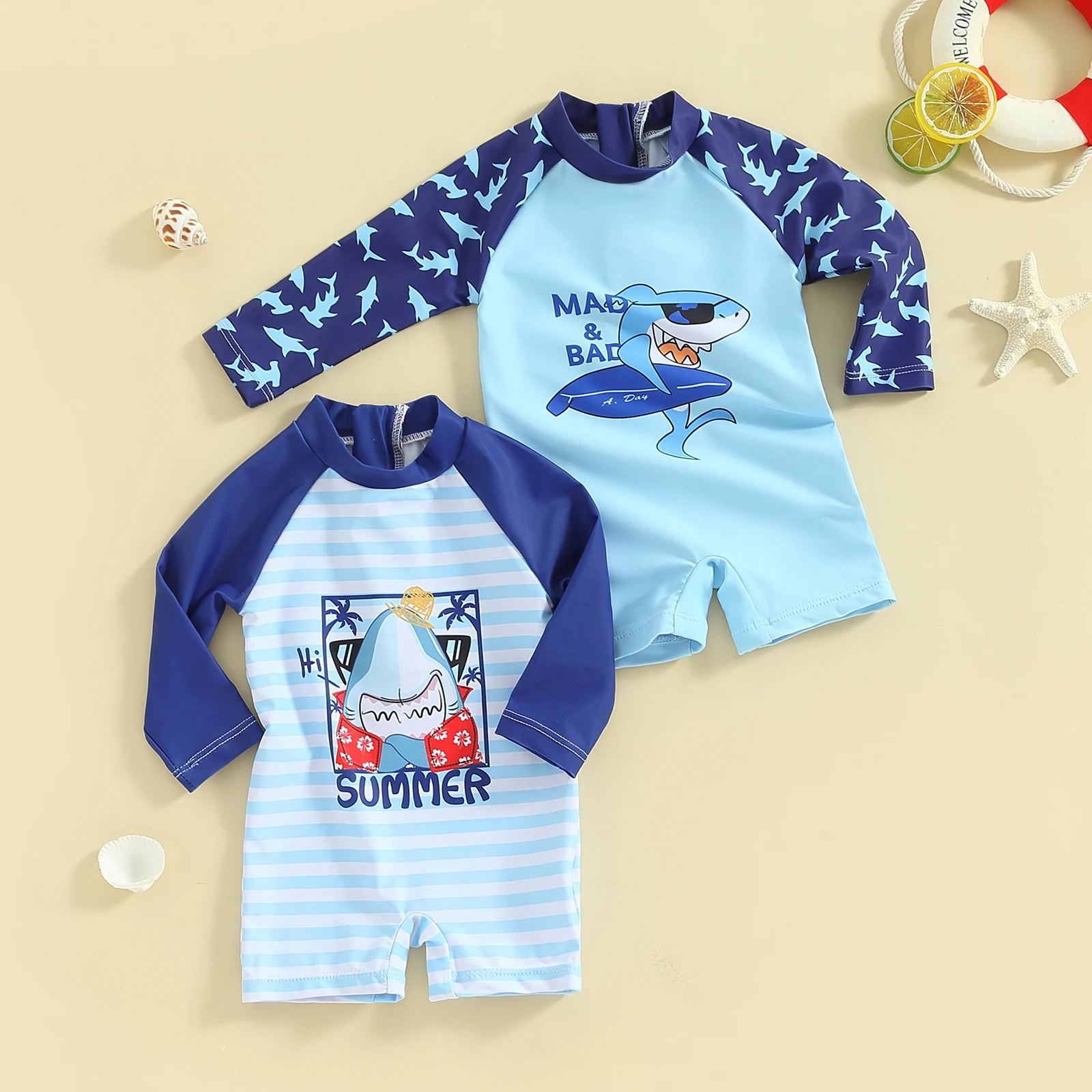 Kids Boys Summer Swimwear Casual Whale Print Long Sleeve Monokini Swimsuit Beachwear Bathing Suit