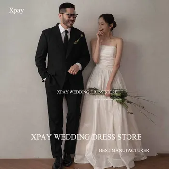 XPAY Strapless A Line Korea Wedding Dresses Customized Pleats Taffeta Bridal Dress Backless Wedding Photos Shoot Bride Gown