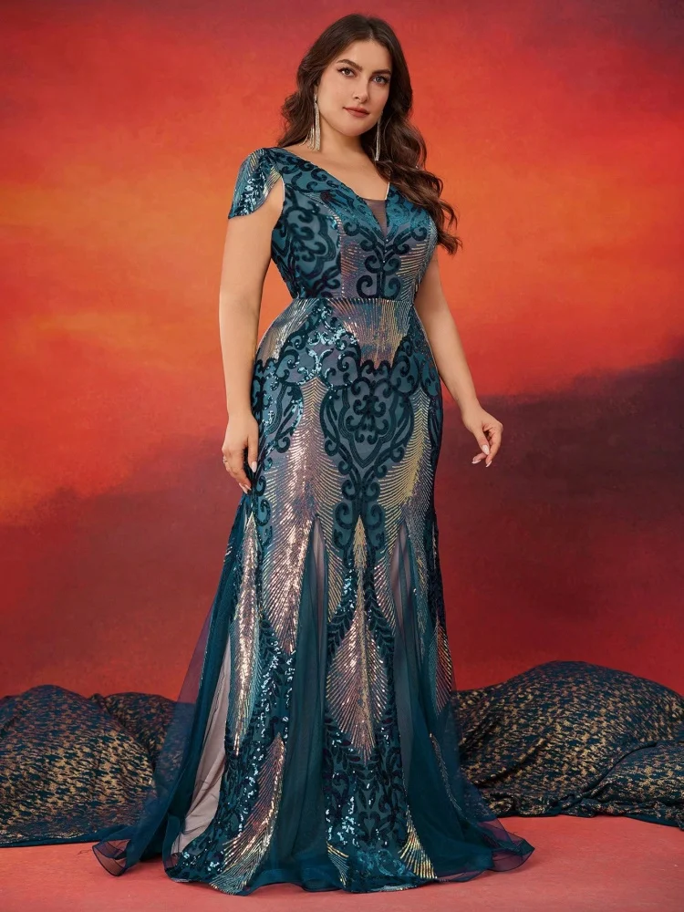 فستان سهرة رسمي فاخر بأكمام قصيرة مزين بالترتر مقا...