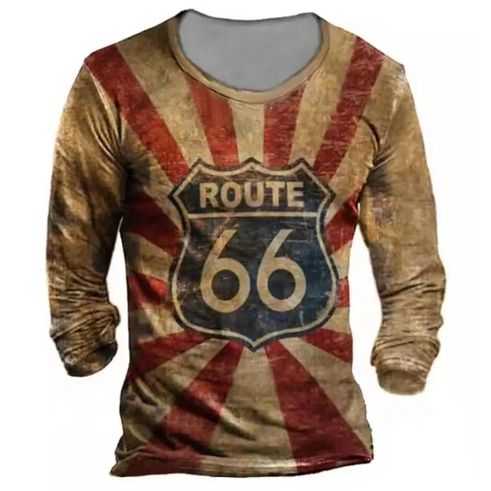 Fashion Vintage Men's T Shirts Oversized Loose Clothes Vintage Long Sleeves Us Route 66 Letters  3d Printed T Shirts Eu Size 5xl