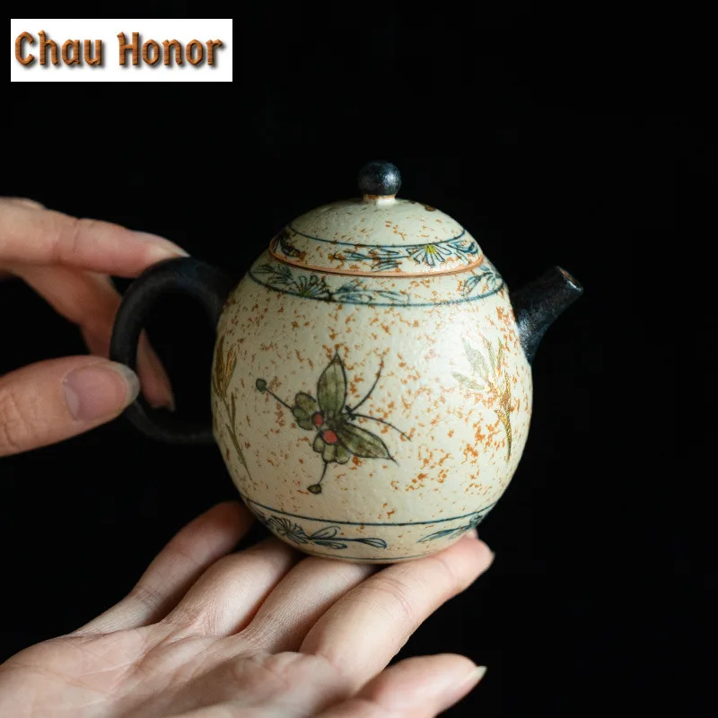 160ml Blue And White Flint Red Teapot Retro Gold Drawing Butterfly Egg Shaped Pot Tea Maker Kettle Tea Ceremony Decoration Gifts