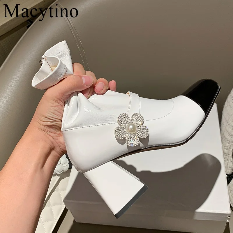 

Diamond Square Thick Heel Side Zipper Black White Small Fragrance Mary Jane Booties Women's Elastic Boots Slim
