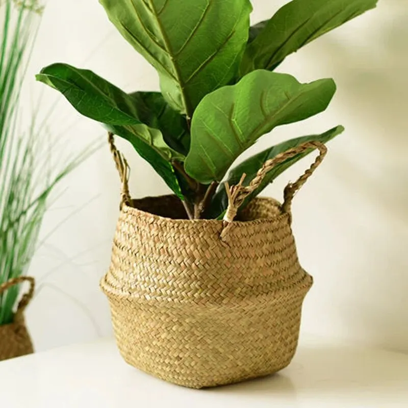 Wicker Basket Toy Organizer Folding Rattan Seagrass Storage Basket Laundry Woven Basket Plant Flower Pot For Home Garden 2