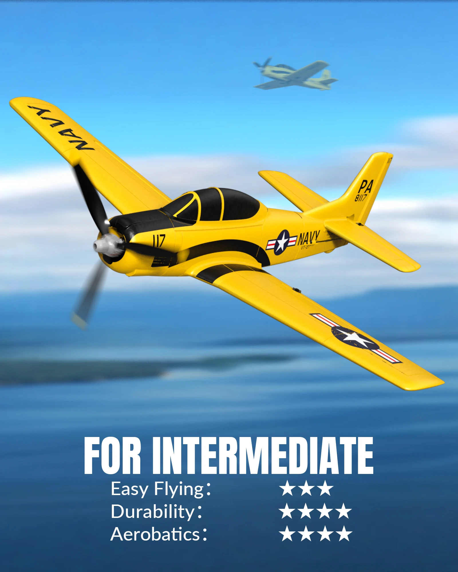 Avion RC P51 Mustang 2.4GHz en vol, stabilisé par le gyroscope 6 axes, avec ciel bleu en arrière-plan
