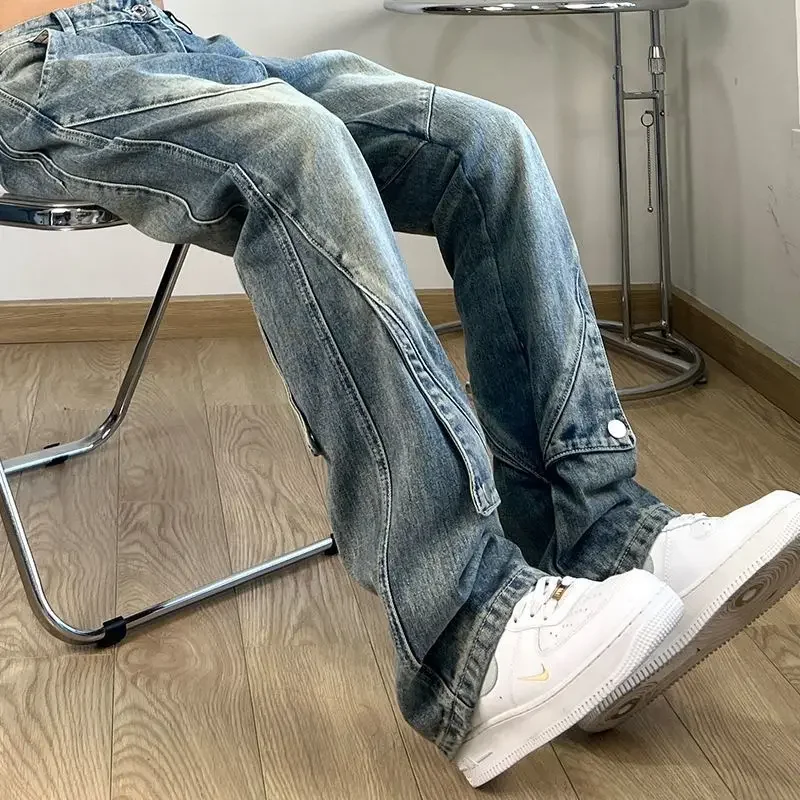 Pantalones vaqueros rectos con bolsillos para hombre, pantalones de vaquero con corte de bota para hombre, pantalones punk acampanados, originales, de lujo, moda 2024, Y2k, vintage, clásicos