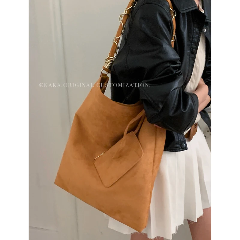 Retro Frosted Bucket Bag For Women Trendy Large Capacity Suede One Shoulder Bags Korean Style Commuting Brown Crossbody Pack