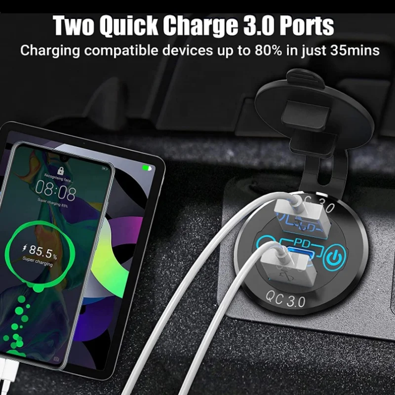 60W 방수 트리플 소켓 차량용 충전기 듀얼 QC3.0 USB + PD 타입-C 12-24V 알루미늄 컬러풀 라이트 RV 차량 보트 해양용