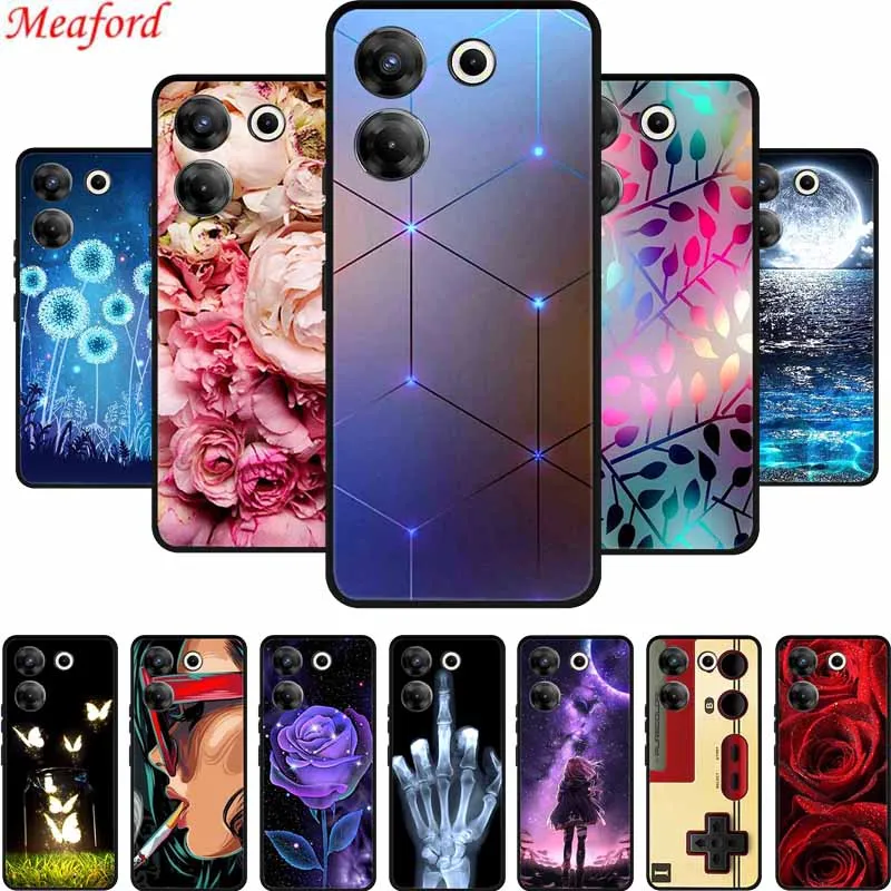 AQGG Custodia + Vetro Temperato per Tecno Camon 20 PRO 5G (6.67) Cover Case Black TPU Morbido Silicone Bumper -Protezioni per Lo Schermo -Pila di Fiori