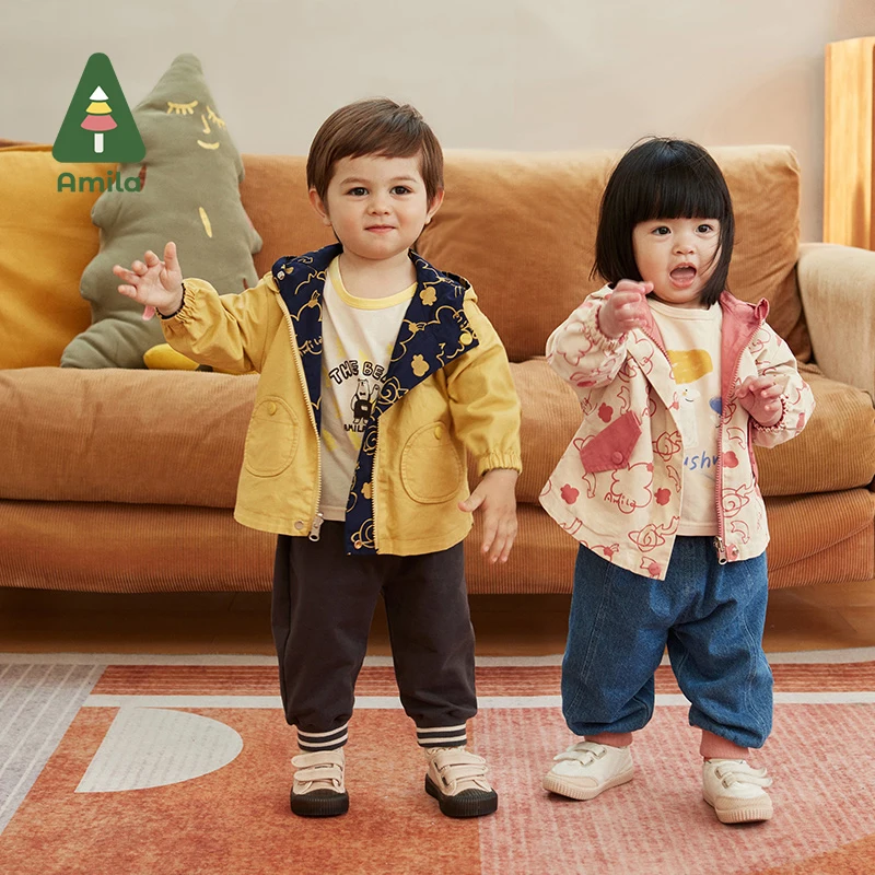 Amila Baby Coat Spring&Autumn Solid Color All-match Boys and Girls Casual Loose Children's Clothing Fashion Coat baby jacket