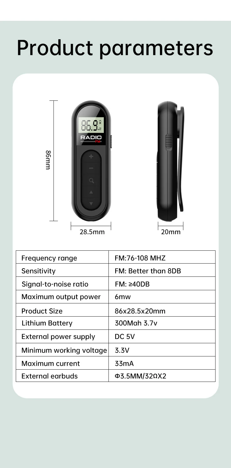 Mini Portable FM Radio 76-108MHZ Digital Tuning with LCD Screen Belt Clip 3.5mm
