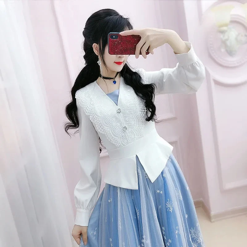 Dress female spring and autumn 2022 new female lace embroidered mesh long sleeve fake two-piece long skirt