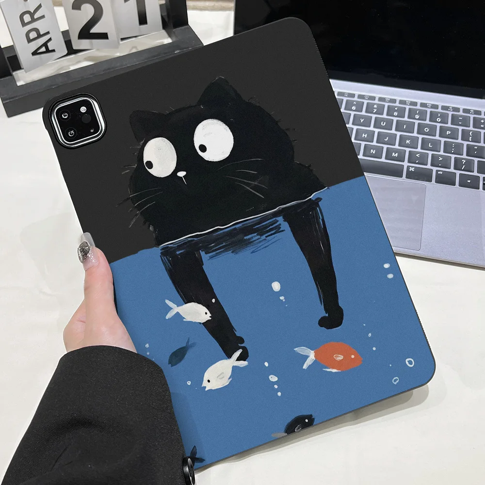 Matte Minimalist Line Cat Print Tablet Case - Black and White Design