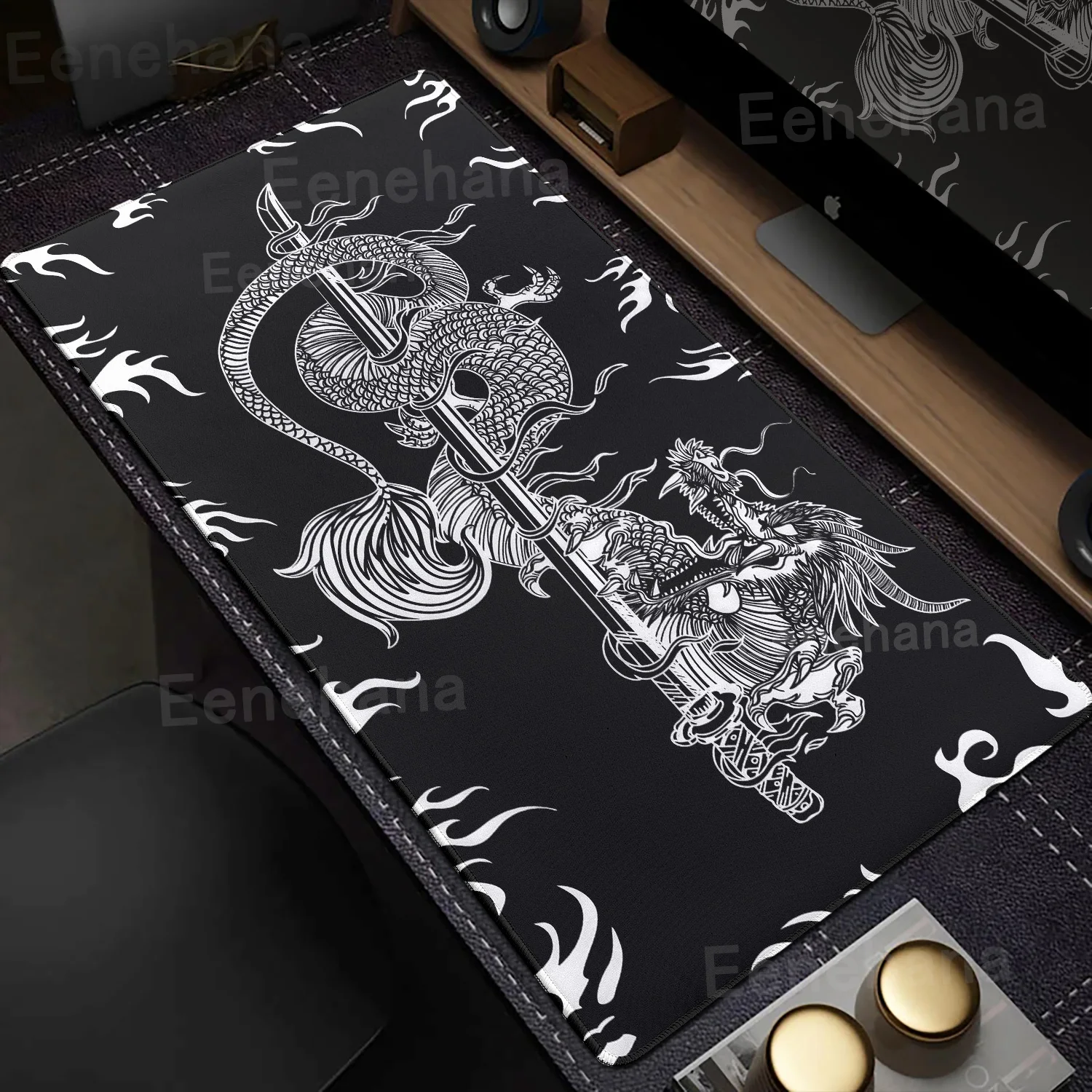 Großes schwarz-weißes Drachen-Mauspad, Anime-PC, Gaming, XXL, erweiterte Pads, japanische Matten, Gamer-Zubehör, Setup, Desktop-Dekoration