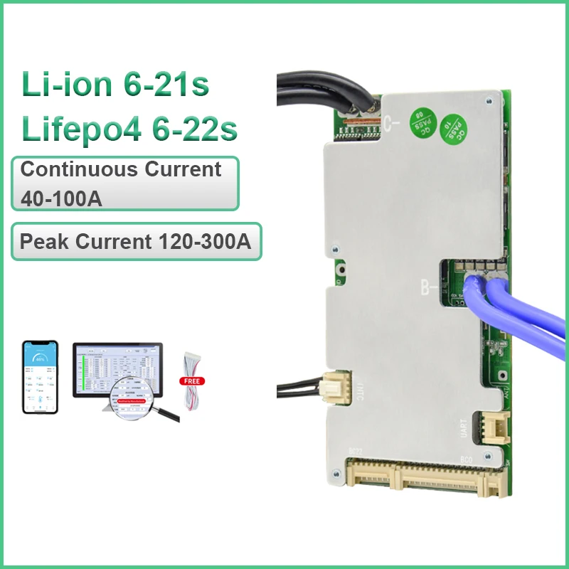 JBD 스마트 BMS 6S 8S 10S 12S 14S 15S 16S 18S 20S 21S 22S 리튬 이온 BMS Lifepo4 100A 80A 50A 40A 24V 36V 48V 60V NTC 내장 BT