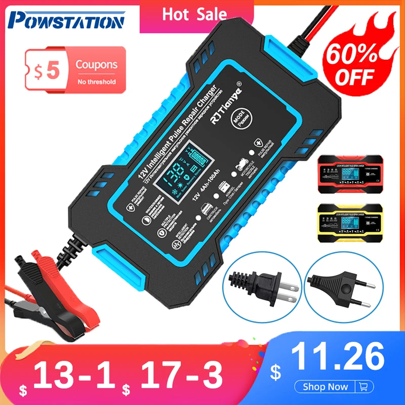 

Powstation 12V Automotive Car Battery Charger Fast Charging Pulse Repair Charger for AGM GEL WET Lead Acid