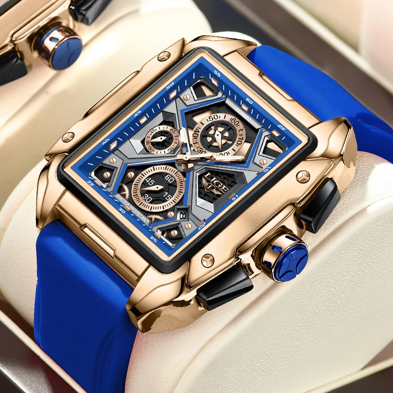 New Men Watches LIGE Chronograph Watch Men Luxury Male Wristwatch Silicone Sport Waterproof Square Quartz Clock Montre Homme+Box