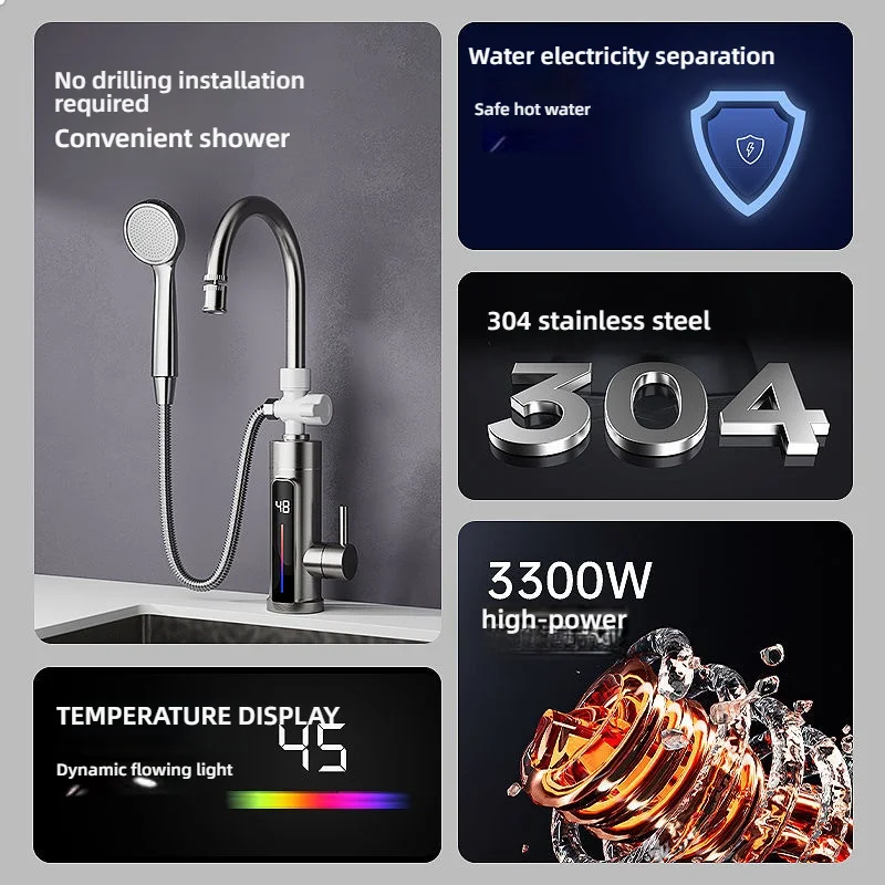 3300W Instant Electric Water Heater Shower Digital Display 220V Kitchen Sink Faucet Bathroom Tankless Hot Water Tap Heater